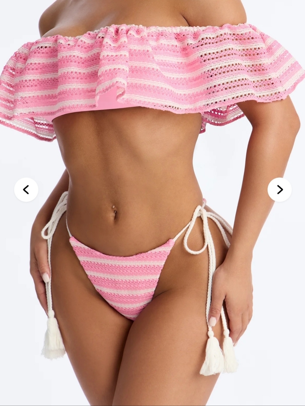 Pink Off-Shoulder Ruffle Crochet Bikini Set - Picture 2 of 3